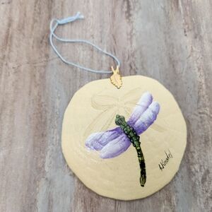 Beautiful Sand Dollar Dragonfly Hand Painted Hanging Ornament Christmas Gloss